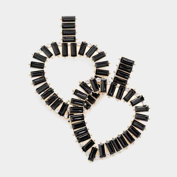 Black Heart Dangle Hoop Earrings Cluster Rectangle Rhinestone Crystal Jewelry - Picture 1 of 2